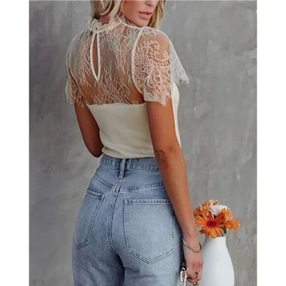 Beige Embroidered Crochet Lace Sheer Short Sleeve High Neck Top Blouse - Picture 2 of 8